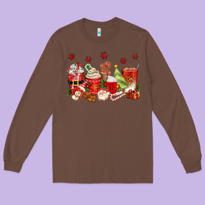 Christmas Coffee Cups Long Sleeve Tee Designed By Texasbilliewilder