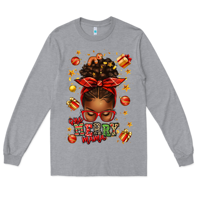One Merry Mama Christmas Afro Messy Bun Long Sleeve Tee by texasbilliewilder | Teevron