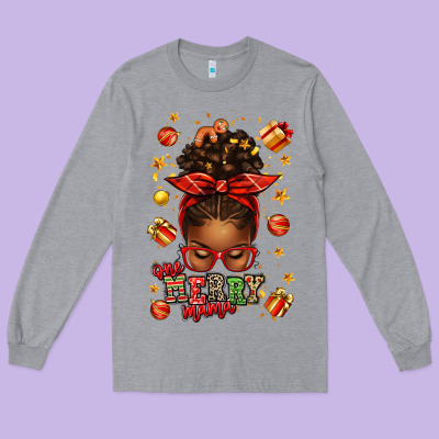One Merry Mama Christmas Afro Messy Bun Long Sleeve Tee Designed By Texasbilliewilder