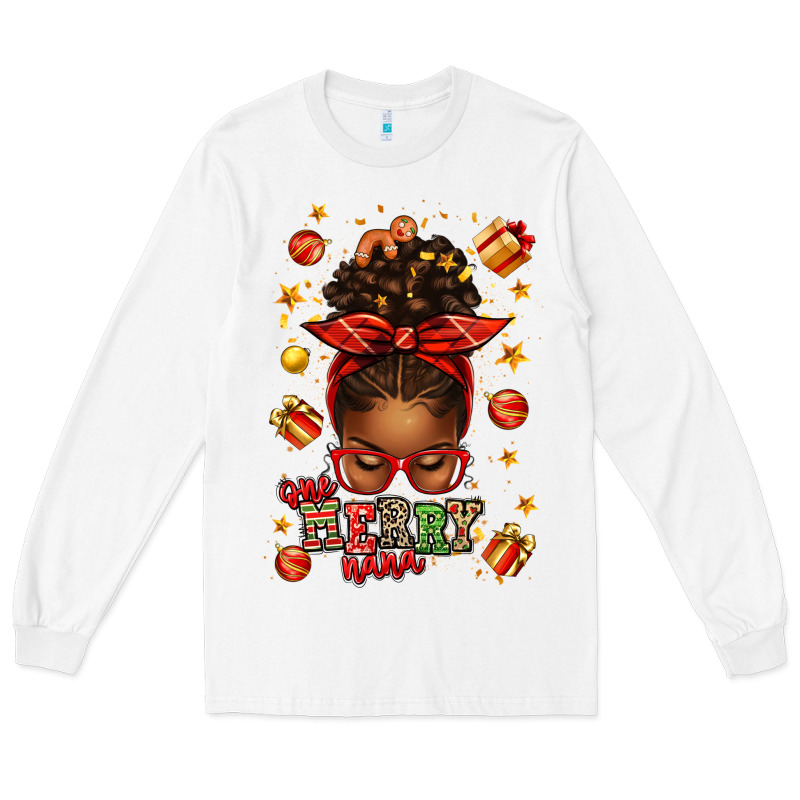 One Merry Nana Christmas Afro Messy Bun Long Sleeve Tee by texasbilliewilder | Teevron