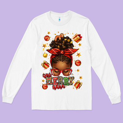 One Merry Nana Christmas Afro Messy Bun Long Sleeve Tee Designed By Texasbilliewilder