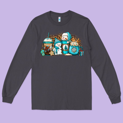 Winter Snowman Coffee Cups Long Sleeve Tee Designed By Jasminsmagicworld