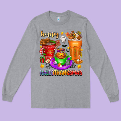 Happy Hallothanksmas Coffee Cups Long Sleeve Tee Designed By Texasbilliewilder