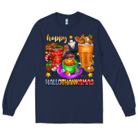Navy Happy Hallothanksmas coffee cups Long Sleeve Tee - texasbilliewilder