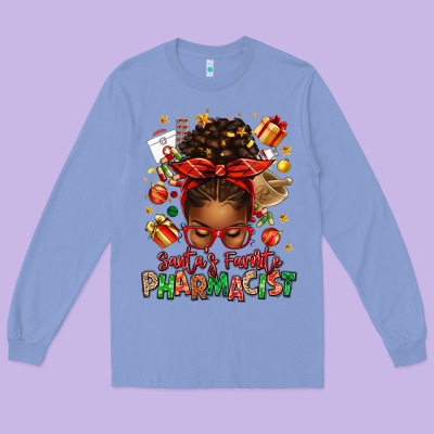 Santas Favorite Pharmacist Afro Messy Bun Long Sleeve Tee Designed By Texasbilliewilder