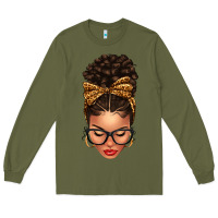 Army Green Light skin afro messy bun leopard bow Long Sleeve Tee - texasbilliewilder