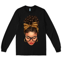 Black Light skin afro messy bun leopard bow Long Sleeve Tee - texasbilliewilder