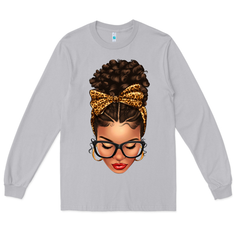 Light Skin Afro Messy Bun Leopard Bow Long Sleeve Tee by texasbilliewilder | Teevron