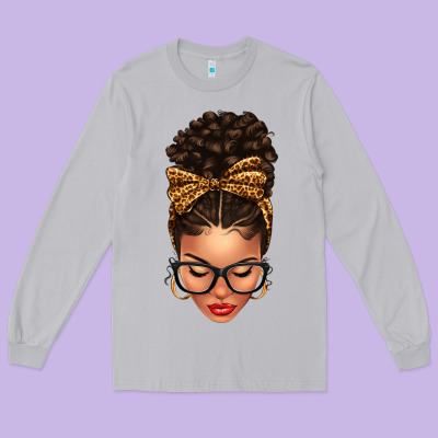 Light Skin Afro Messy Bun Leopard Bow Long Sleeve Tee Designed By Texasbilliewilder