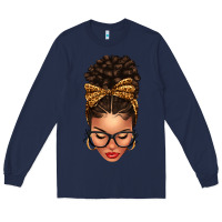 Navy Light skin afro messy bun leopard bow Long Sleeve Tee - texasbilliewilder
