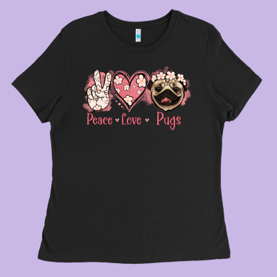 Peace Love Pugs Ladies Tee Designed By Jasminsmagicworld