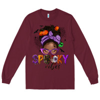 Burgundy Spooky vibes afro messy bun Long Sleeve Tee - NancyCooperArtShop