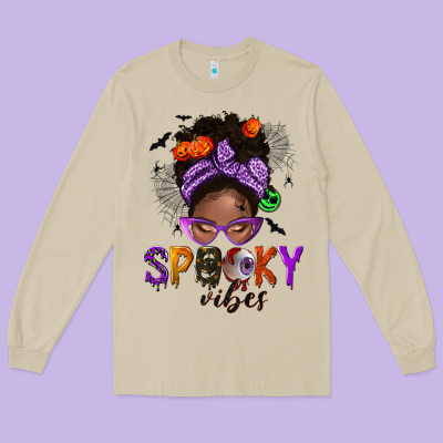 Spooky Vibes Afro Messy Bun Long Sleeve Tee Designed By Nancycooperartshop