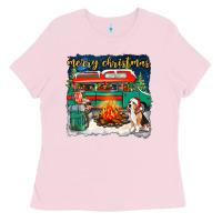 Bubblegum Pink merry christmas with camper van Ladies Tee - NancyCooperArtShop