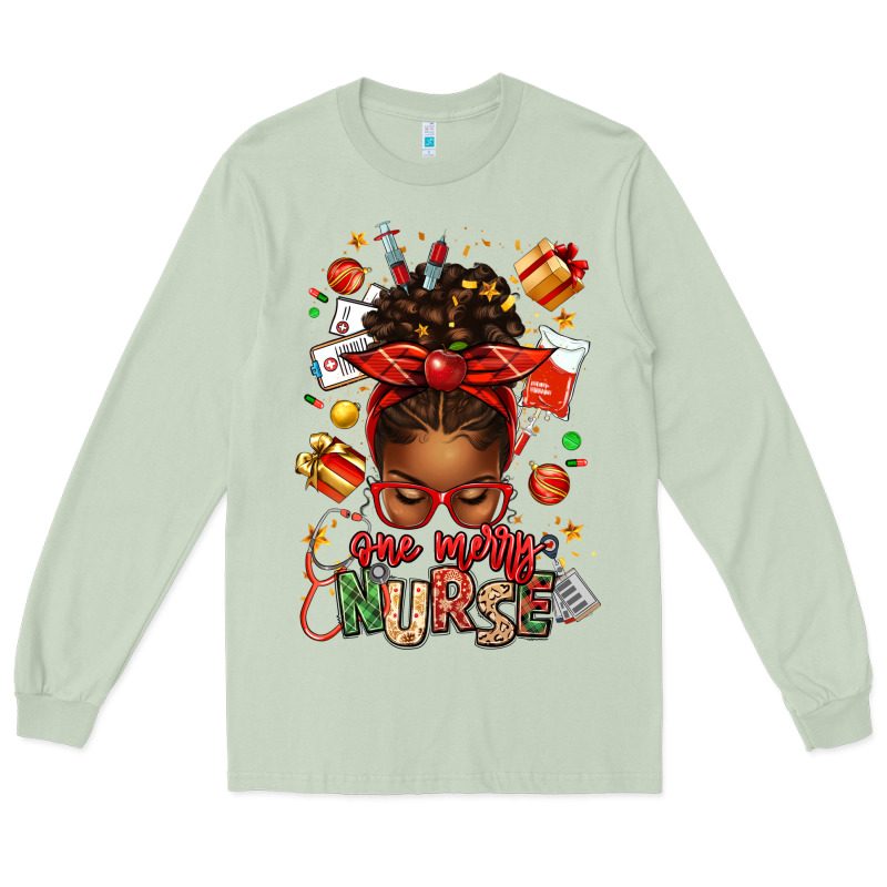 One Merry Nurse Afro Messy Bun Long Sleeve Tee by texasbilliewilder | Teevron
