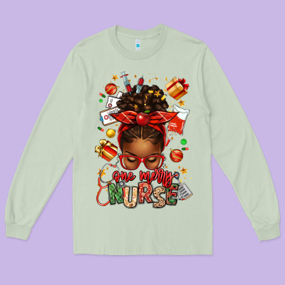 One Merry Nurse Afro Messy Bun Long Sleeve Tee Designed By Texasbilliewilder