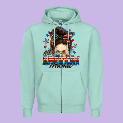 All American Mama Messy Bun 4th Of July Zipper Hoodie Designed By Fadigitalartstudio