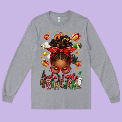 Santas Favorite Principal Afro Messy Bun Long Sleeve Tee Designed By Texasbilliewilder
