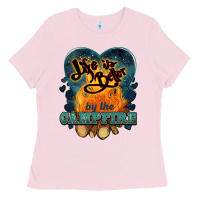 Bubblegum Pink life is better by the campfire Ladies Tee - NancyCooperArtShop