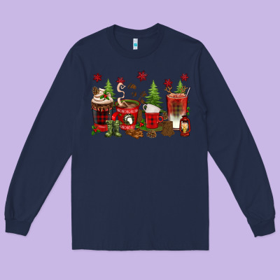 Christmas Coffee Cups Long Sleeve Tee Designed By Texasbilliewilder