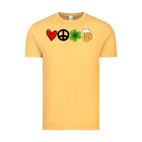 Vintage Mustard Funny St Patricks Day Love Peace Clover and Beer Vintage Tee - Bettercallsaul