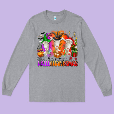 Happy Hallothanksmas Goats Long Sleeve Tee Designed By Texasbilliewilder