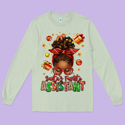 Santa's Favorite Assistant Afro Messy Bun Long Sleeve Tee Designed By Texasbilliewilder