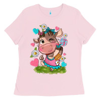 Bubblegum Pink little cute cow Ladies Tee - NancyCooperArtShop