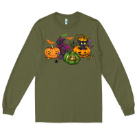 Army Green Black cat and pumpkin Long Sleeve Tee - NancyCooperArtShop