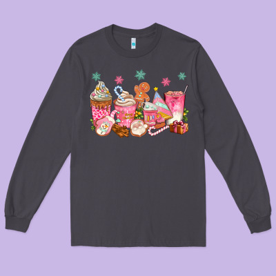 Pink Gingerbread Coffee Cups Long Sleeve Tee Designed By Texasbilliewilder