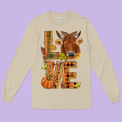 Love Fall Cow Long Sleeve Tee Designed By Nancycooperartshop