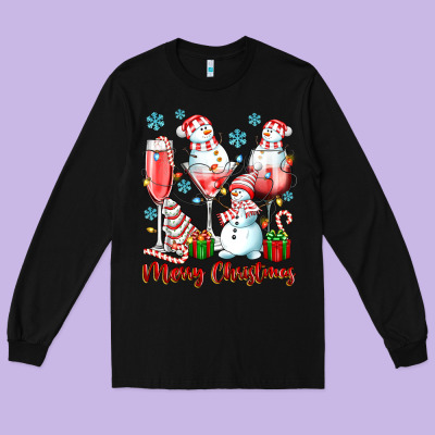 Merry Christmas Wine Glasses Long Sleeve Tee Designed By Texasbilliewilder