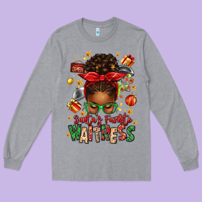 Santa's Favorite Waitress Messy Bun Long Sleeve Tee Designed By Texasbilliewilder