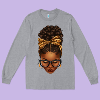 Afro Messy Bun Leopard Bow Long Sleeve Tee Designed By Texasbilliewilder