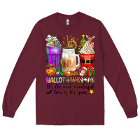 Burgundy Hallothanksmas coffee cups Long Sleeve Tee - texasbilliewilder