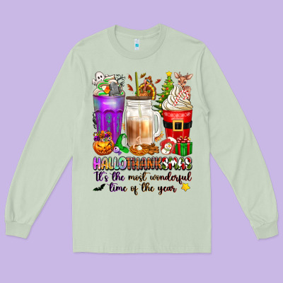Hallothanksmas Coffee Cups Long Sleeve Tee Designed By Texasbilliewilder