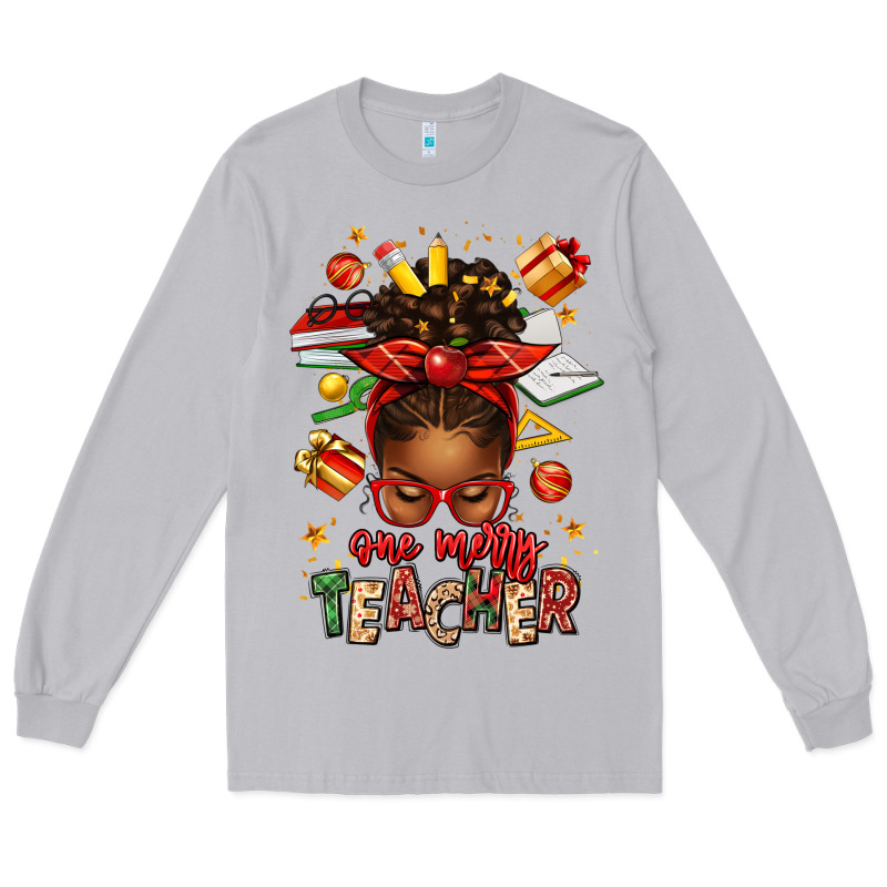 One Merry Teacher Afro Messy Bun Long Sleeve Tee by texasbilliewilder | Teevron