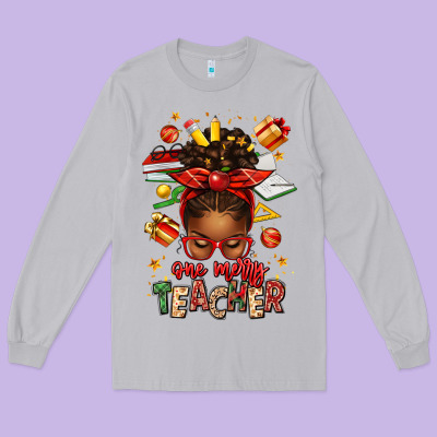 One Merry Teacher Afro Messy Bun Long Sleeve Tee Designed By Texasbilliewilder