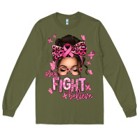 Army Green pray fight believe breast cancer afro messy bun Long Sleeve Tee - texasbilliewilder