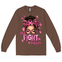 Pray Fight Believe Breast Cancer Afro Messy Bun Long Sleeve Tee | Teevron