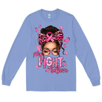 Colony Blue pray fight believe breast cancer afro messy bun Long Sleeve Tee - texasbilliewilder