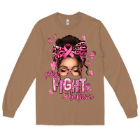 Toasted Coconut pray fight believe breast cancer afro messy bun Long Sleeve Tee - texasbilliewilder