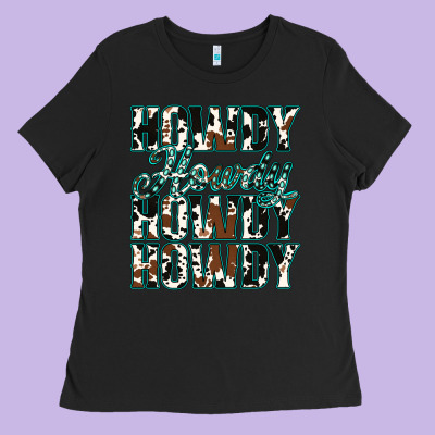Howdy Cowhide Turquoise Ladies Tee Designed By Jasminsmagicworld