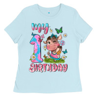 Baby Blue my 1 st birthday with little cute cow Ladies Tee - NancyCooperArtShop