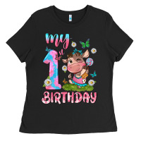 Black my 1 st birthday with little cute cow Ladies Tee - NancyCooperArtShop