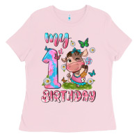 Bubblegum Pink my 1 st birthday with little cute cow Ladies Tee - NancyCooperArtShop