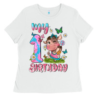 White my 1 st birthday with little cute cow Ladies Tee - NancyCooperArtShop