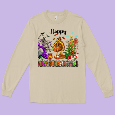 Happy Hallothanksmas Long Sleeve Tee Designed By Texasbilliewilder