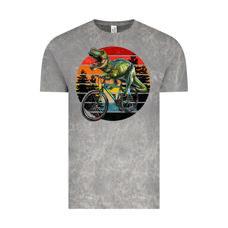T Rex Dinosaur Riding Bicycle With Retro Forest Sunset Vintage Tee by RanaPortraitStore | Teevron