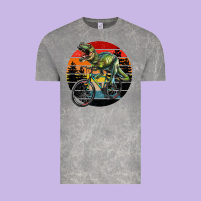 T Rex Dinosaur Riding Bicycle With Retro Forest Sunset Vintage Tee Designed By Ranaportraitstore